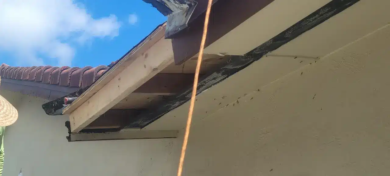 Roof edge and fascia details during repair work by Tropico Roofing & Construction